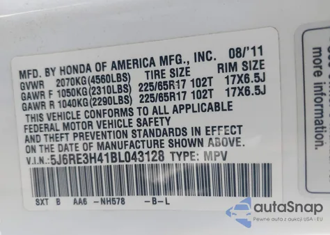 2011 Honda Cr-V Se from USA, damaged, VIN 5J6RE3H41BL043128